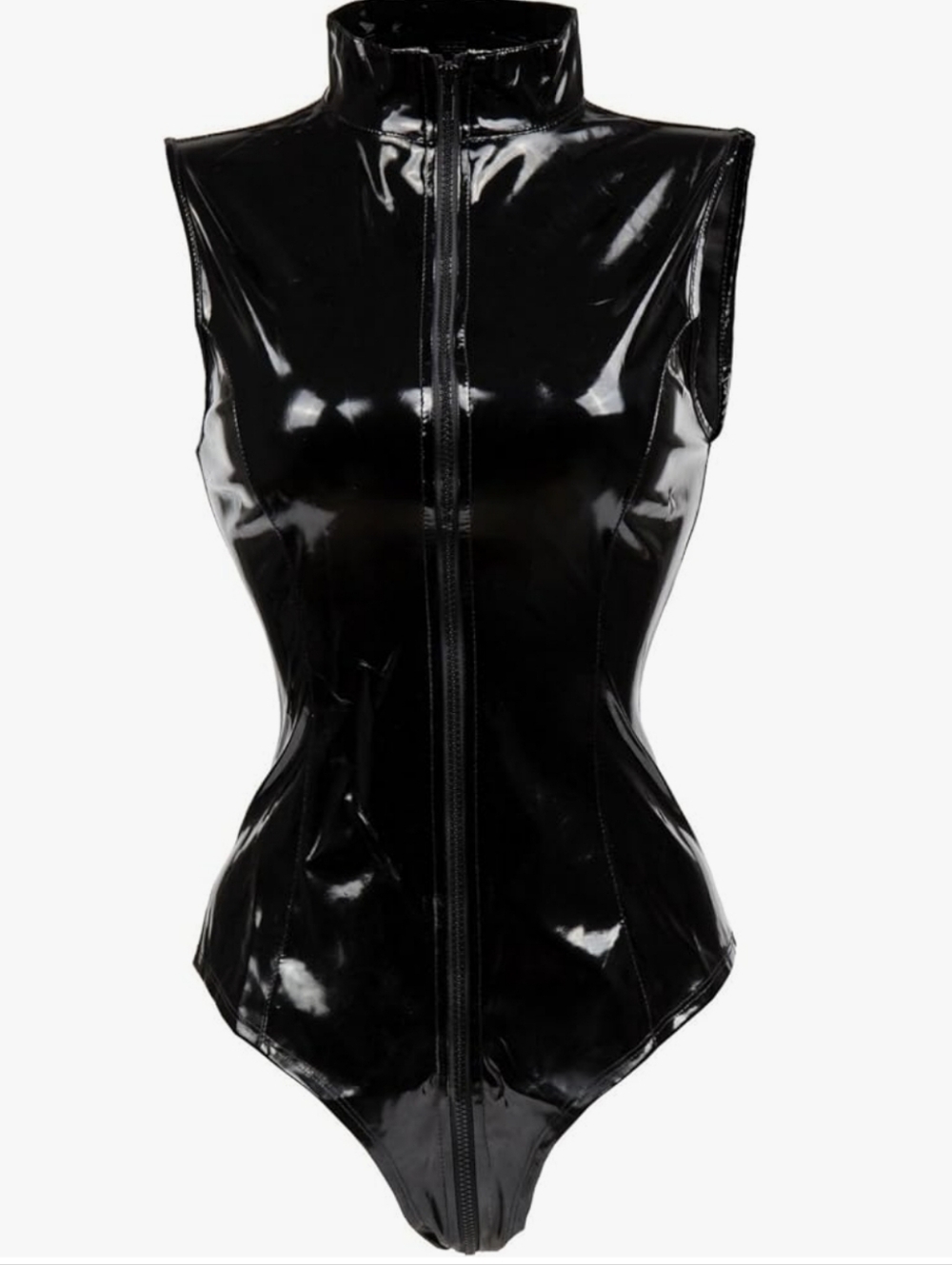 High-Shine Black Sleeveless Zip-Front Bodysuit